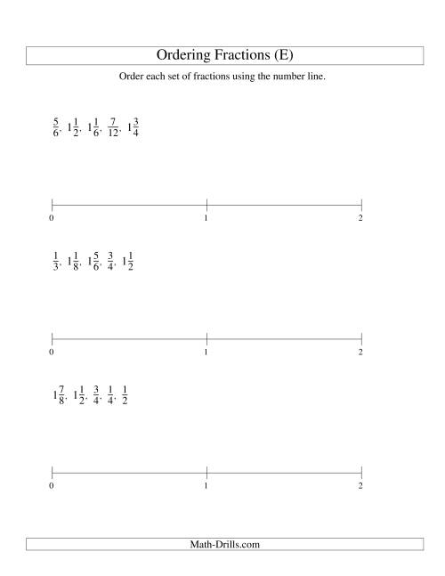 The Ordering Fractions on a Number Line -- Easy Denominators to 24 (E) Math Worksheet