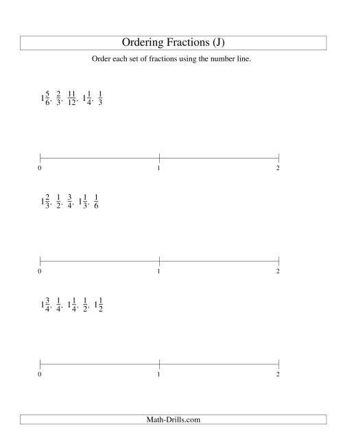 The Ordering Fractions on a Number Line -- Easy Denominators to 24 (J) Math Worksheet