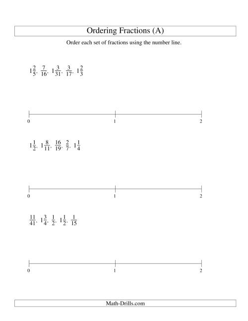 The Ordering Fractions on a Number Line -- All Denominators to 60 (A) Math Worksheet