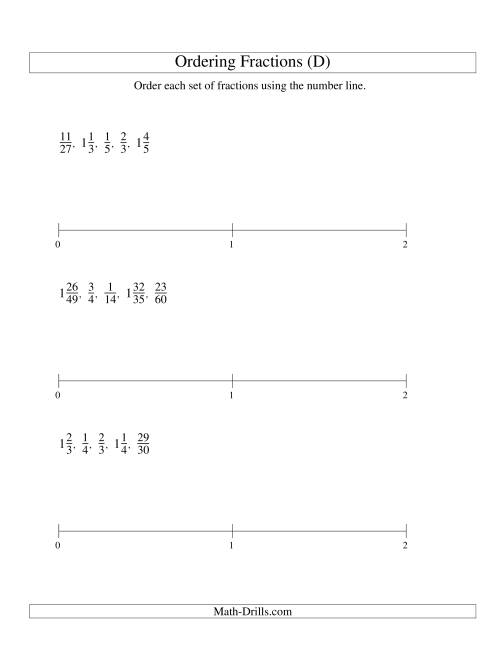 The Ordering Fractions on a Number Line -- All Denominators to 60 (D) Math Worksheet