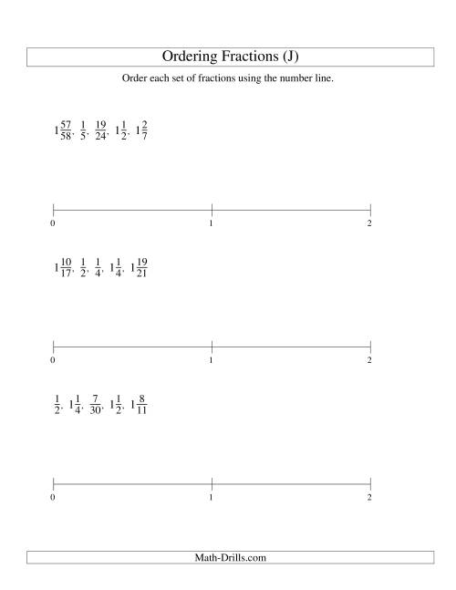 The Ordering Fractions on a Number Line -- All Denominators to 60 (J) Math Worksheet