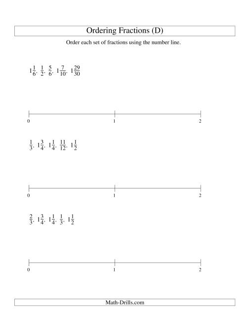 The Ordering Fractions on a Number Line -- Easy Denominators to 60 (D) Math Worksheet