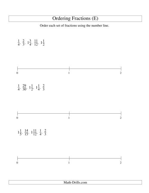 The Ordering Fractions on a Number Line -- Easy Denominators to 60 (E) Math Worksheet