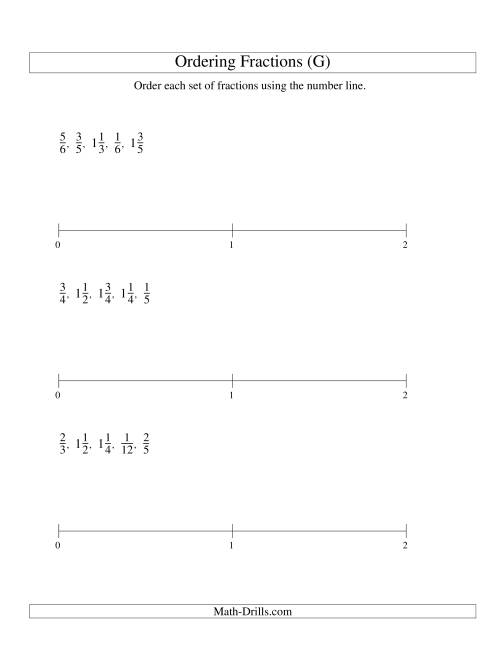 The Ordering Fractions on a Number Line -- Easy Denominators to 60 (G) Math Worksheet