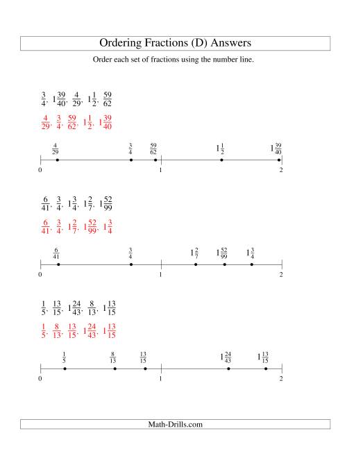 The Ordering Fractions on a Number Line -- All Denominators to 100 (D) Math Worksheet Page 2