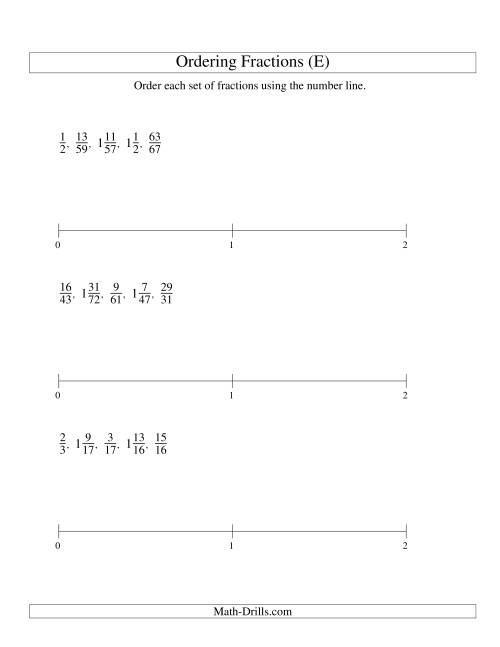 The Ordering Fractions on a Number Line -- All Denominators to 100 (E) Math Worksheet