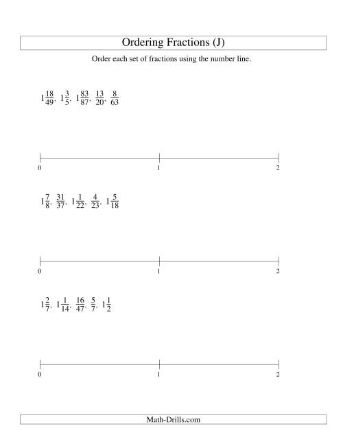The Ordering Fractions on a Number Line -- All Denominators to 100 (J) Math Worksheet