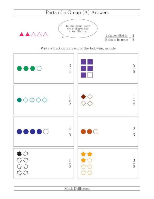 The Parts of a Group Fraction Models with Simplified Fractions Up to Eighths (A) Math Worksheet Page 2