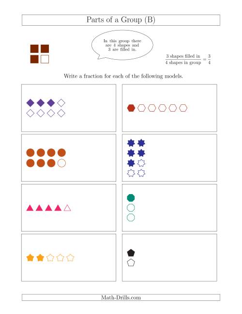 The Parts of a Group Fraction Models with Simplified Fractions Up to Eighths (B) Math Worksheet