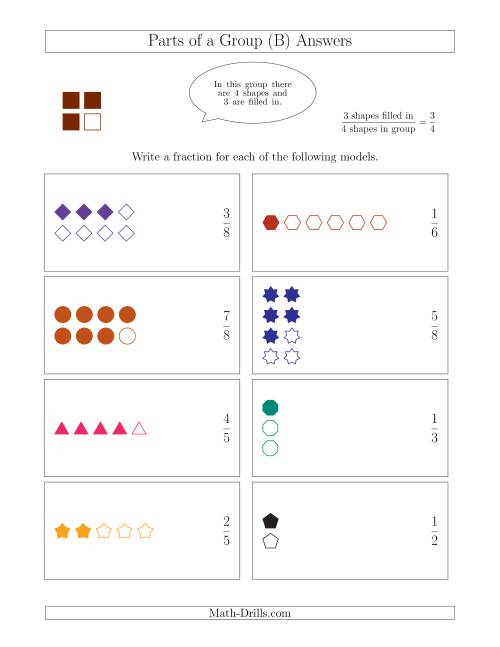 The Parts of a Group Fraction Models with Simplified Fractions Up to Eighths (B) Math Worksheet Page 2