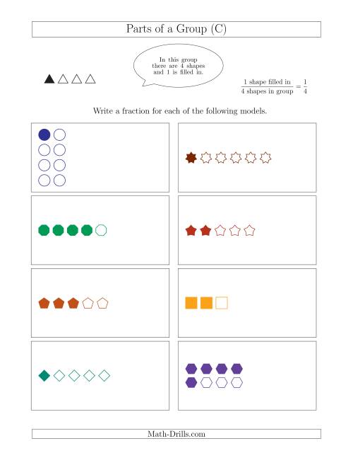 The Parts of a Group Fraction Models with Simplified Fractions Up to Eighths (C) Math Worksheet