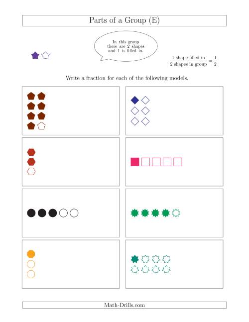 The Parts of a Group Fraction Models with Simplified Fractions Up to Eighths (E) Math Worksheet