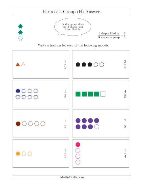 The Parts of a Group Fraction Models with Simplified Fractions Up to Eighths (H) Math Worksheet Page 2