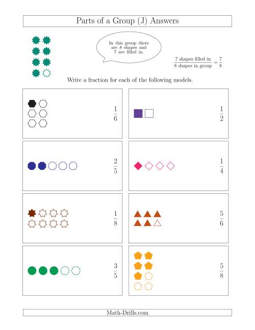 The Parts of a Group Fraction Models with Simplified Fractions Up to Eighths (J) Math Worksheet Page 2