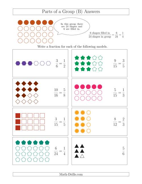 The Parts of a Group Fraction Models Up to Eighths (B) Math Worksheet Page 2