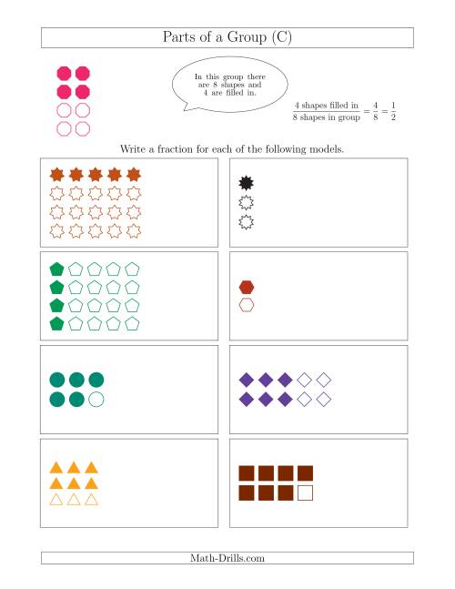 The Parts of a Group Fraction Models Up to Eighths (C) Math Worksheet