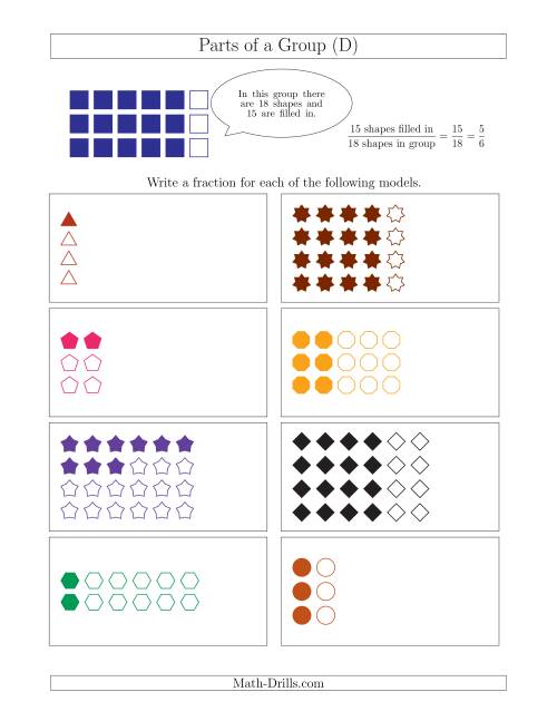 The Parts of a Group Fraction Models Up to Eighths (D) Math Worksheet