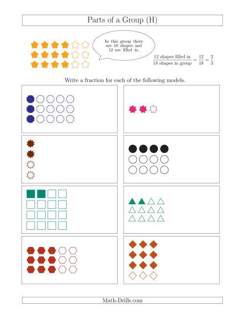 The Parts of a Group Fraction Models Up to Eighths (H) Math Worksheet