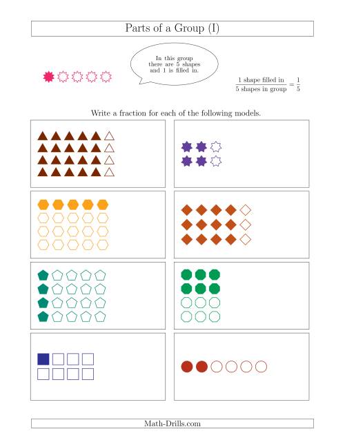 The Parts of a Group Fraction Models Up to Eighths (I) Math Worksheet