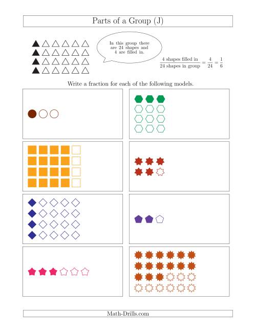 The Parts of a Group Fraction Models Up to Eighths (J) Math Worksheet