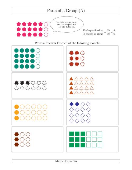 The Parts of a Group Fraction Models Up to Eighths (All) Math Worksheet