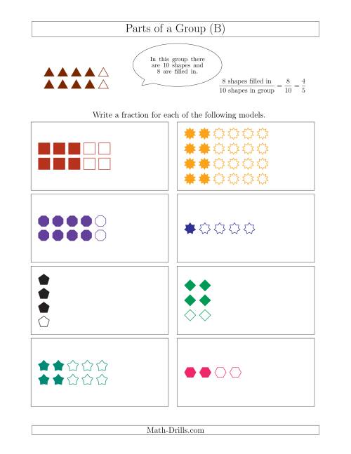 The Parts of a Group Fraction Models Up to Fifths (B) Math Worksheet