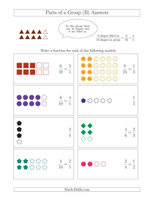 The Parts of a Group Fraction Models Up to Fifths (B) Math Worksheet Page 2