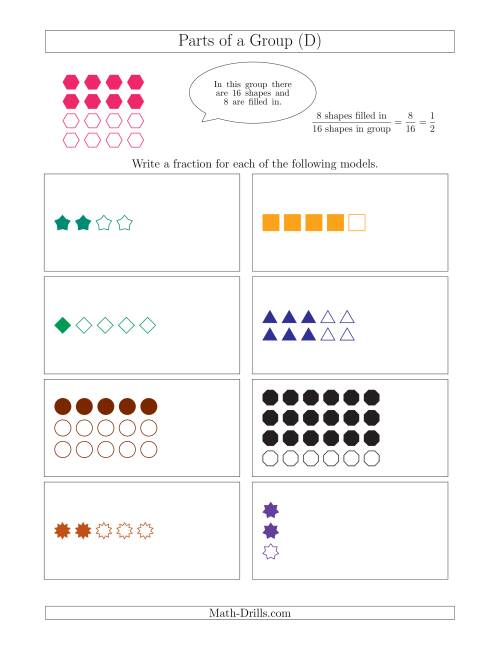 The Parts of a Group Fraction Models Up to Fifths (D) Math Worksheet