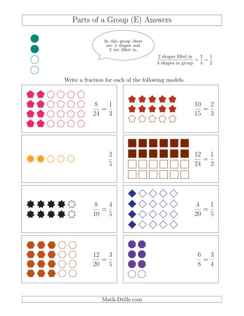 The Parts of a Group Fraction Models Up to Fifths (E) Math Worksheet Page 2