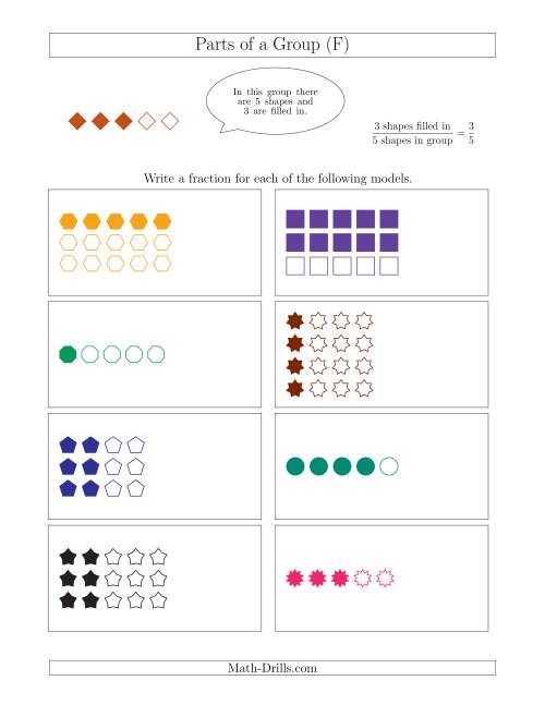 The Parts of a Group Fraction Models Up to Fifths (F) Math Worksheet