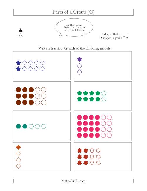 The Parts of a Group Fraction Models Up to Fifths (G) Math Worksheet