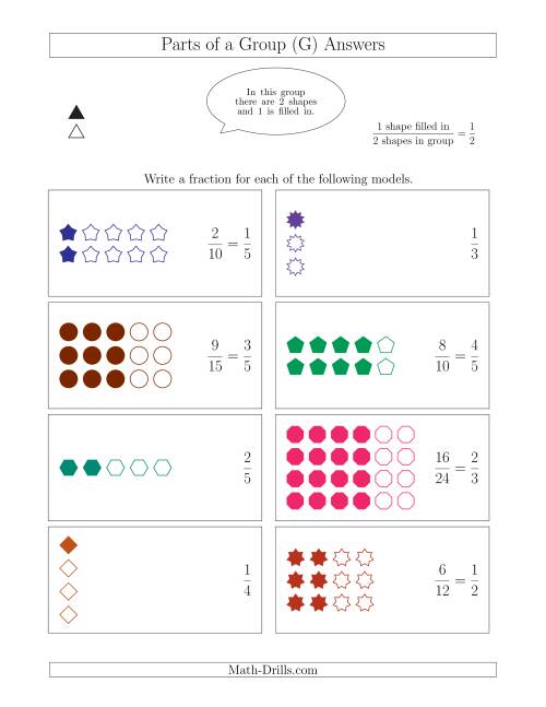 The Parts of a Group Fraction Models Up to Fifths (G) Math Worksheet Page 2