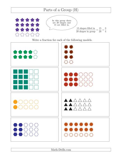 The Parts of a Group Fraction Models Up to Fifths (H) Math Worksheet