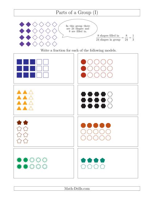 The Parts of a Group Fraction Models Up to Fifths (I) Math Worksheet