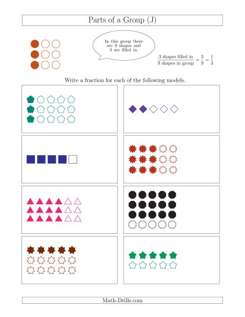 The Parts of a Group Fraction Models Up to Fifths (J) Math Worksheet