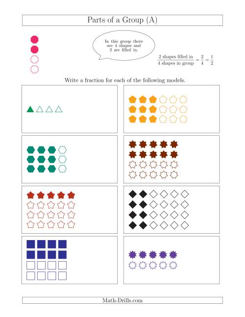 The Parts of a Group Fraction Models Up to Fourths (A) Math Worksheet