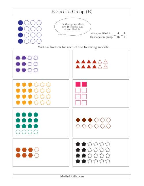 The Parts of a Group Fraction Models Up to Fourths (B) Math Worksheet