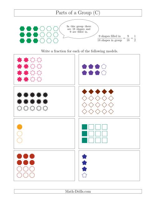 The Parts of a Group Fraction Models Up to Fourths (C) Math Worksheet