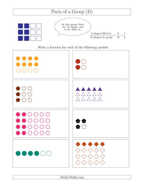The Parts of a Group Fraction Models Up to Fourths (D) Math Worksheet
