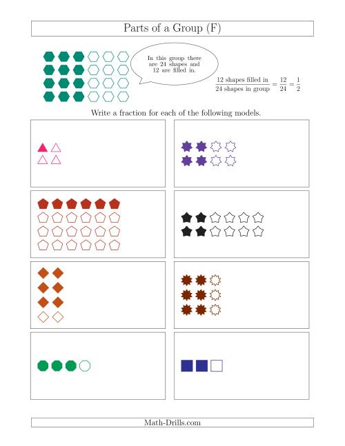 The Parts of a Group Fraction Models Up to Fourths (F) Math Worksheet
