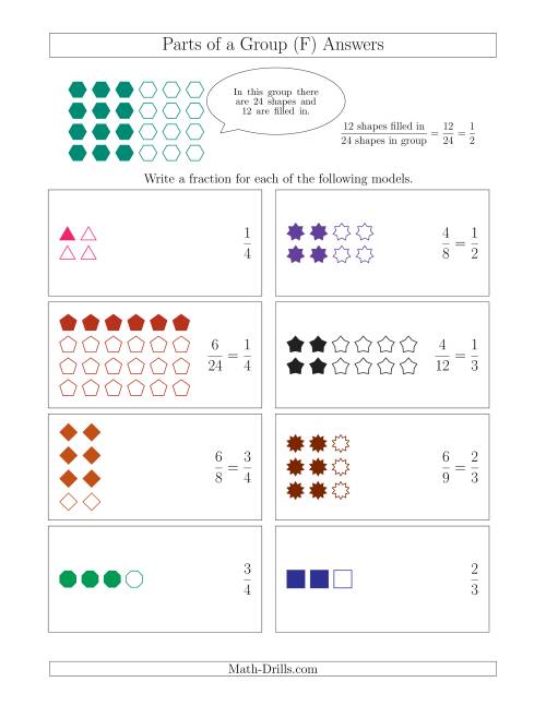 The Parts of a Group Fraction Models Up to Fourths (F) Math Worksheet Page 2