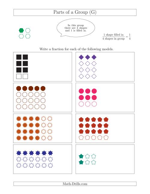 The Parts of a Group Fraction Models Up to Fourths (G) Math Worksheet