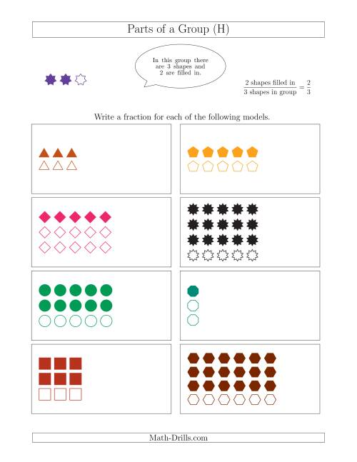 The Parts of a Group Fraction Models Up to Fourths (H) Math Worksheet