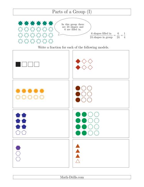 The Parts of a Group Fraction Models Up to Fourths (I) Math Worksheet