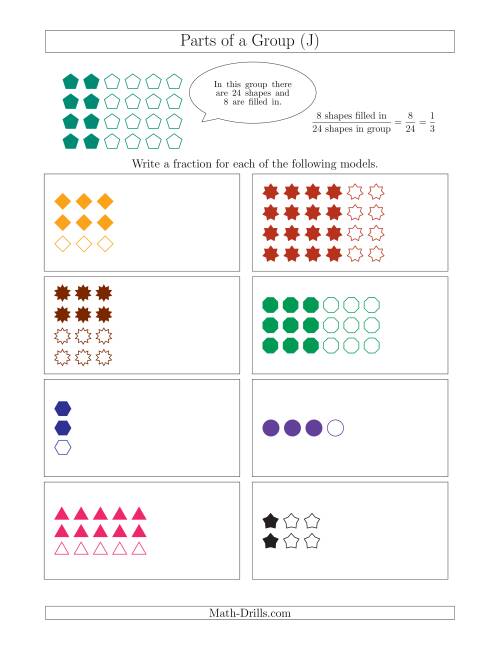 The Parts of a Group Fraction Models Up to Fourths (J) Math Worksheet