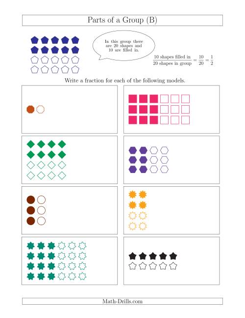 The Parts of a Group Fraction Models with Halves Only (B) Math Worksheet
