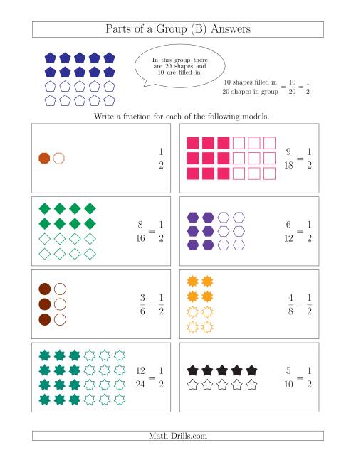 The Parts of a Group Fraction Models with Halves Only (B) Math Worksheet Page 2