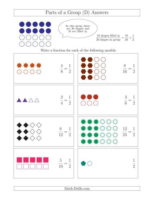 The Parts of a Group Fraction Models with Halves Only (D) Math Worksheet Page 2