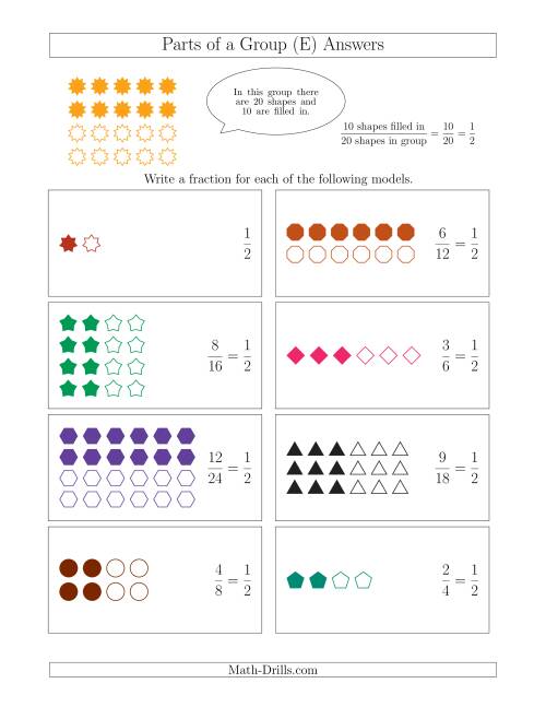The Parts of a Group Fraction Models with Halves Only (E) Math Worksheet Page 2