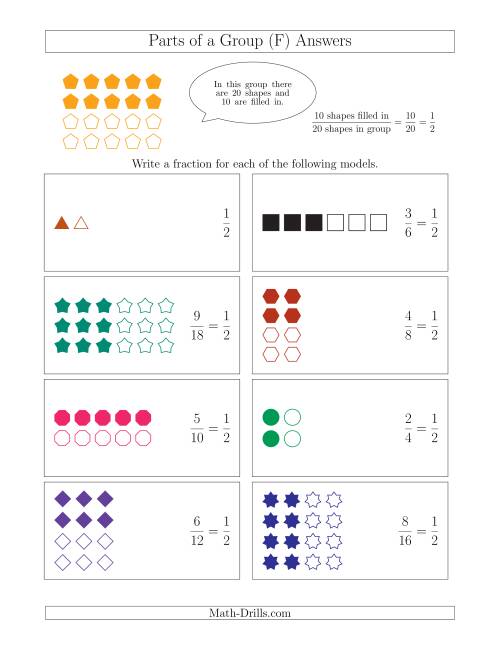 The Parts of a Group Fraction Models with Halves Only (F) Math Worksheet Page 2
